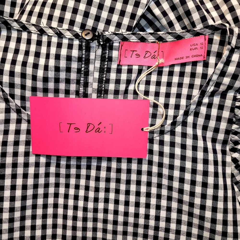 NWT SMALL TE DA" COTTON CROPPED TOP BOHIEMAN GINGHAM CHECKED BELL SLEAVES B/W - Picture 5 of 8